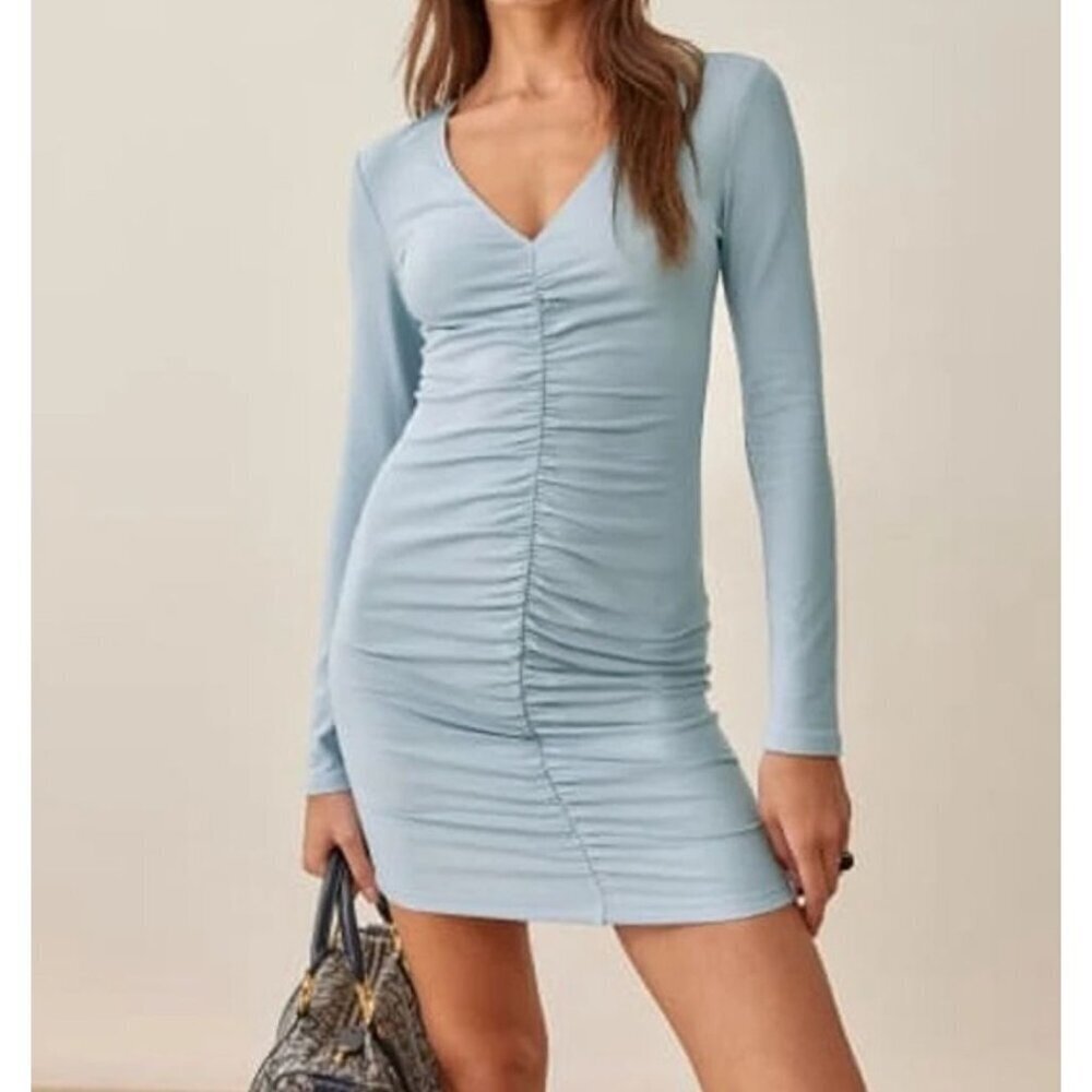Reformation NWT Cally Stretch Mini Dress Ruched Knit Long Sleeve Blue Size Small